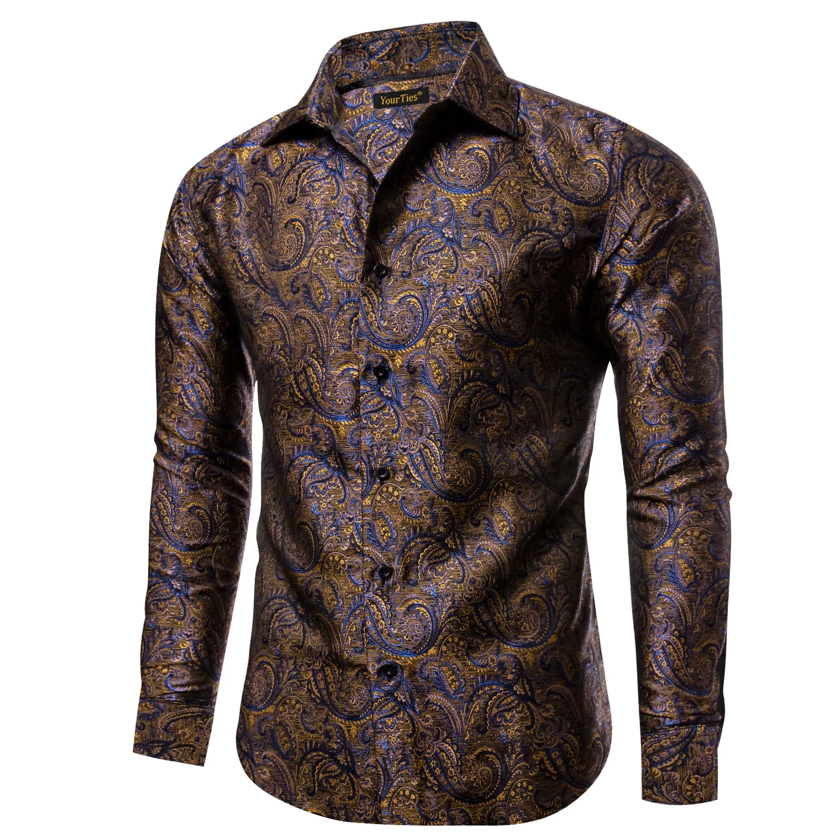 YourTies Long Shirt Brown Blue Yellow Jacquard Button Silk Dress Shirt